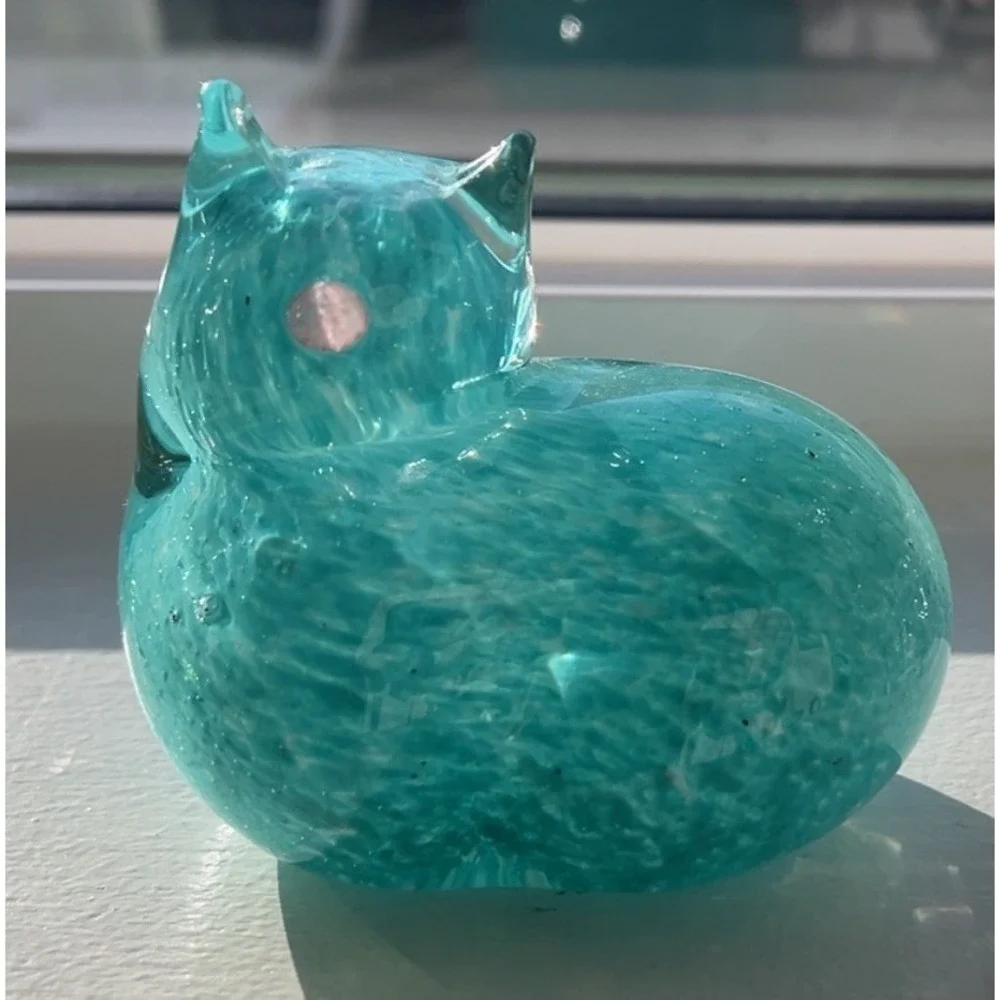 West Elm St. Jude‎ handblown teal blue glass cat figurine paperweight